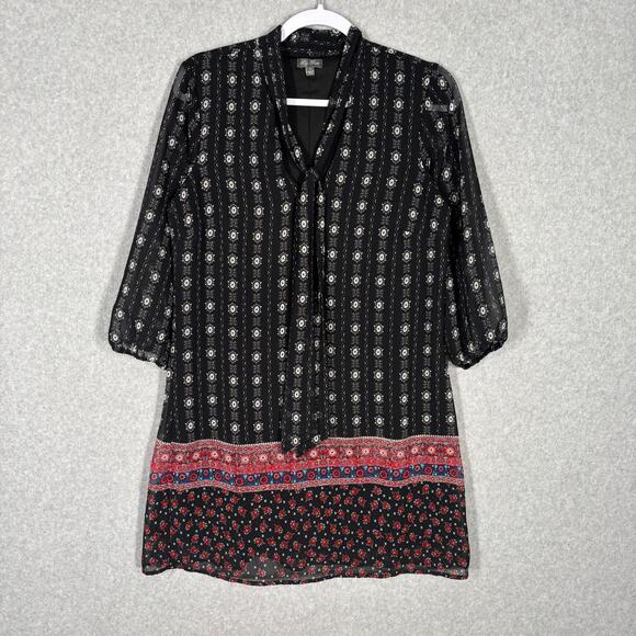 Lily Rose Dress Small Black Floral Mini Flowy Tie Neck Boho Peasant Southwestern - Picture 1 of 13